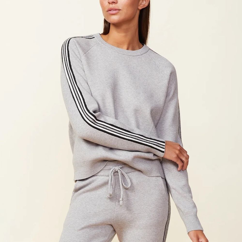 NEW Monrow Set Soft Knit Cozy Gray Luxury Lounge Jogger Sweater Sporty Stripe L